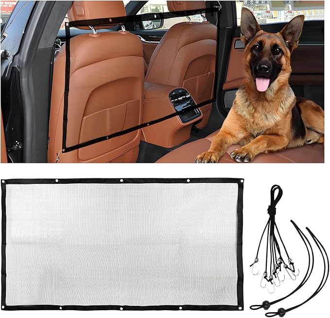 Dog Car Net Barrier, 44"×24" Dog Barrier for Car, Pet Car Divider for Back Seat, Adjustable Stretchable Auto Safety Mesh Pet Barrier Net, Easy to Install, Universal for Car SUV Truck