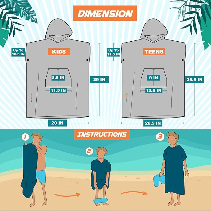 SUN CUBE Kids Changing Robe Surf Poncho, Kids Beach Towels for Teens, Microfiber Hooded Wearable Swim Towel Boys Girls Teenagers