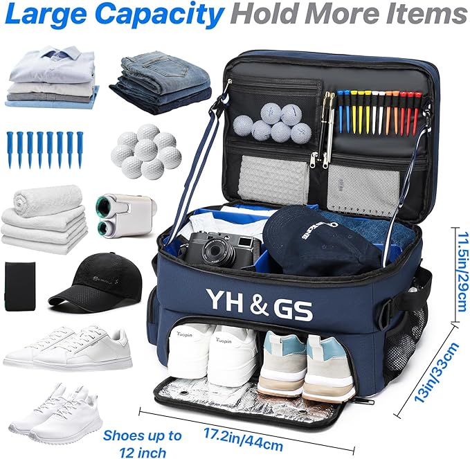 Golf Trunk Organizer, 3 Layer Golf Accessories for Men, 2 Pair Shoes Separate Ventilated Compartment Golf Organizer for Car, Balls, Clothes, Gloves, Accessories Golf Gifts (Add shoulder straps)