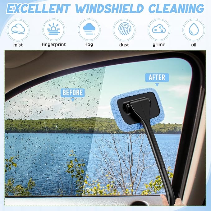 FoldTier 8 Pcs Car Windshield Cleaner Tool Kit with Removable Handle, Microfiber Towel Pads, Brush, Empty Spray Bottle for Auto Glass Wiper Suvs Rvs & Home Windows(Light Blue)