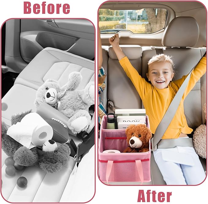 Honeydak Passenger Seat Organizer, Collapsible Car Storage for Console Front/back Seat with Multi-pockets Car Caddy Organizer Suv Truck for Kids Adults Accessories(Pink,2 Compartments)