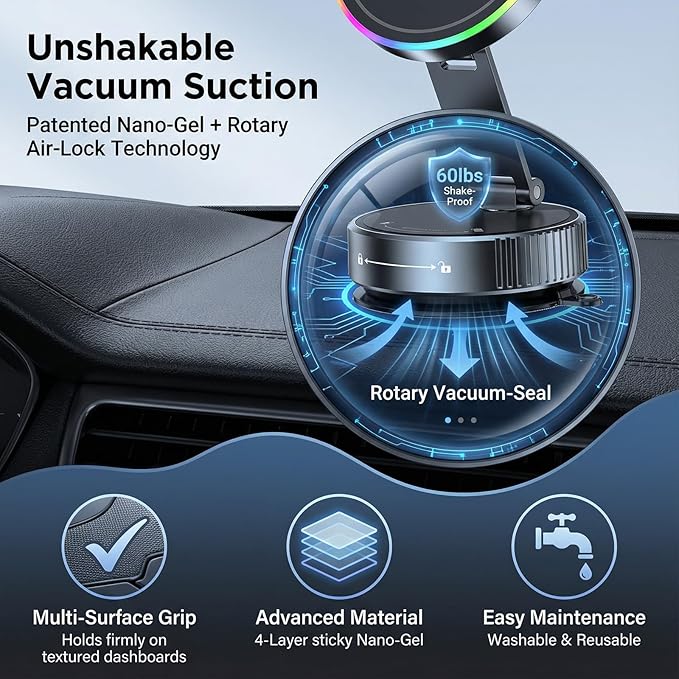 Vacuum Magnetic Phone Charging Holder Mount 15W Fast Wireless Charger for Car Magsafe 360° Adjustable Phone Holder with Nano Gel Suction Cup for iPhone 12-17 Pro Max (K3)