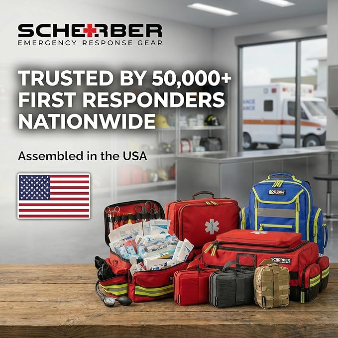Scherber First Responder Fully-Stocked Professional Essentials EMT/EMS Trauma Kit | HSA/FSA Approved | Reflective Bag w/8 Zippered Pockets & Compartments & 200+ First Aid Supplies - Black