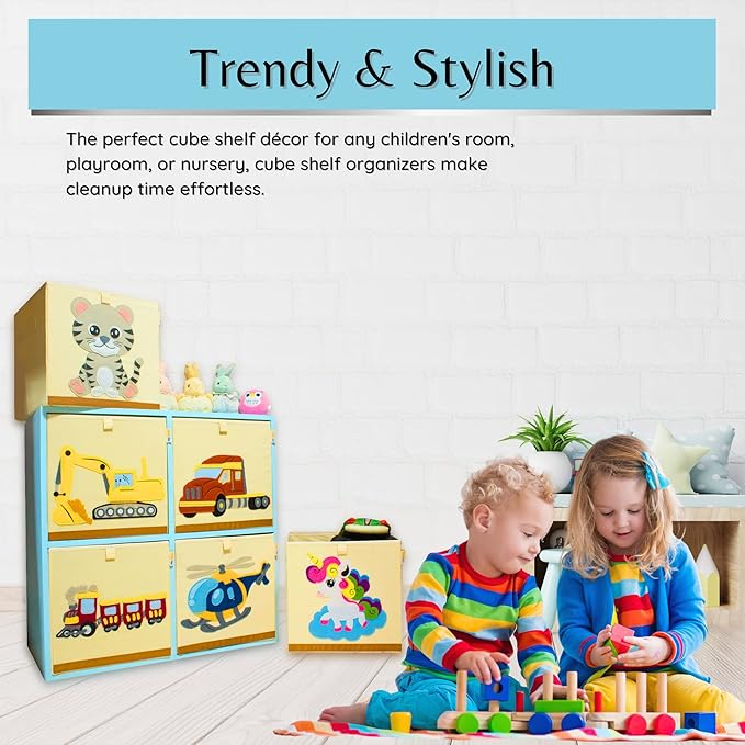 Washable Cube Storage Organizer Bins, Foldable Canvas Toy Organizers and Storage for Toys, Books, Clothes- Kids Storage Bins for Bedroom or Playroom-13x13x13 Inch (Helicopter)