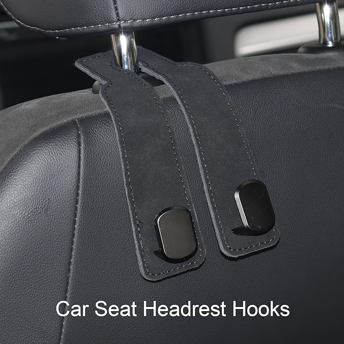Car Seat Hooks for Headrest, Purse Hook & Back Storage Hook, Zinc Alloy & Suede Material Heavy Duty Car Hooks for Purses and Bags,Universal Fit for Most Vehicles (Black-2 Pack)