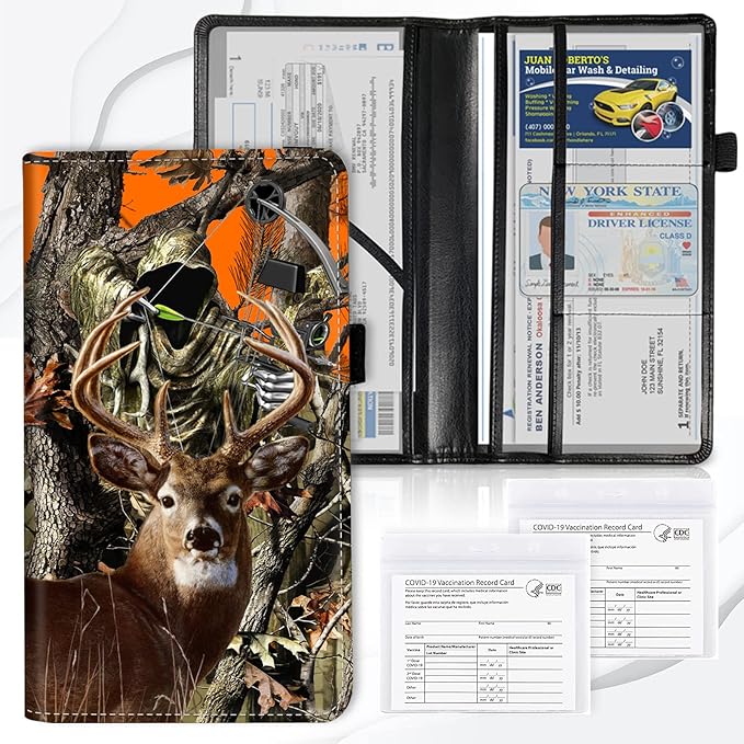 Car Registration and Insurance Card Holder, Premium Leather Vehicle Wallet Cover for Glove Box Car Organizer Drivers License / Cards / ID - Essentials Document Holder, Camo Camouflage Deer Hunter