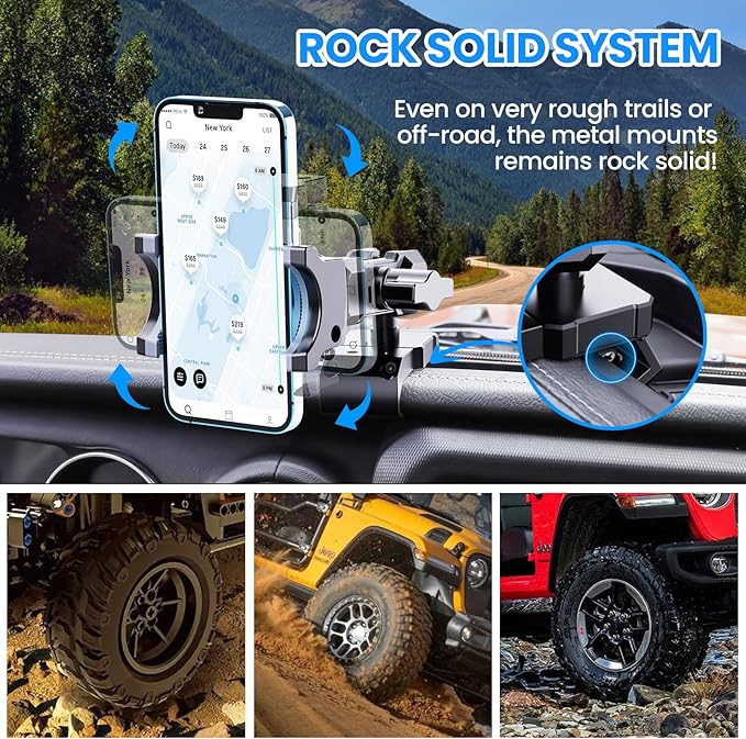 DIAMOOKY Upgraded Metal Phone Mount for Jeep Wrangler JL JLU 2018-2023 and Gladiator JT 2020 2021 2022 2023 Phone Holder Dash Mount System Kit Dashboard Accessories Driver Side (Not for 4xe)