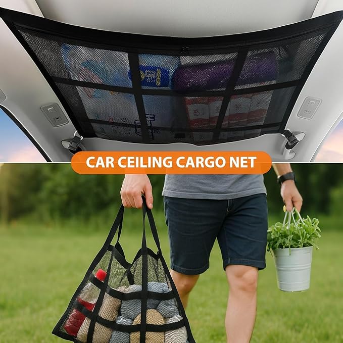 Dog Car Net Barrier,Universal Fit Sturdy Double-Layer Mesh 31.5"x23.6" Car Ceiling Cargo Net Pocket with Flexible Bungee Cords for Seat Movement Easy to Install