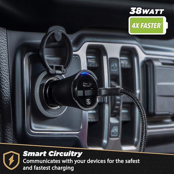 Scosche CPDCA38 38W USB-C Cigarette Lighter Adapter, Dual Car Charger with USB-A and USBC Fast Charging Port Compatible with iPhone 16/15/14/13/12, Samsung Galaxy S25/S24/S23 & Type-C Android Devices