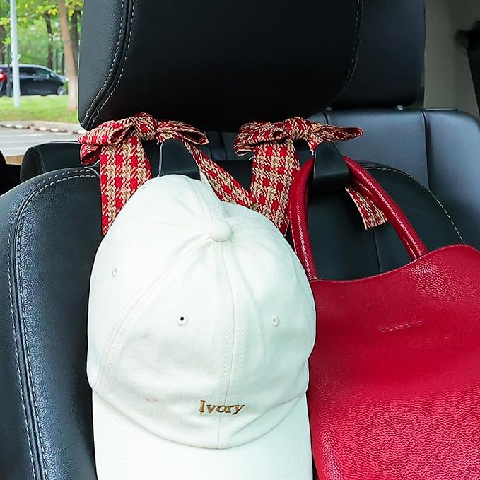 Amooca Car Seat Headrest Hook Cute Bowknot Vehicle Hanger Car Storage Organizer for Handbag Purse Coat Grocery Bag Black Red Plaid