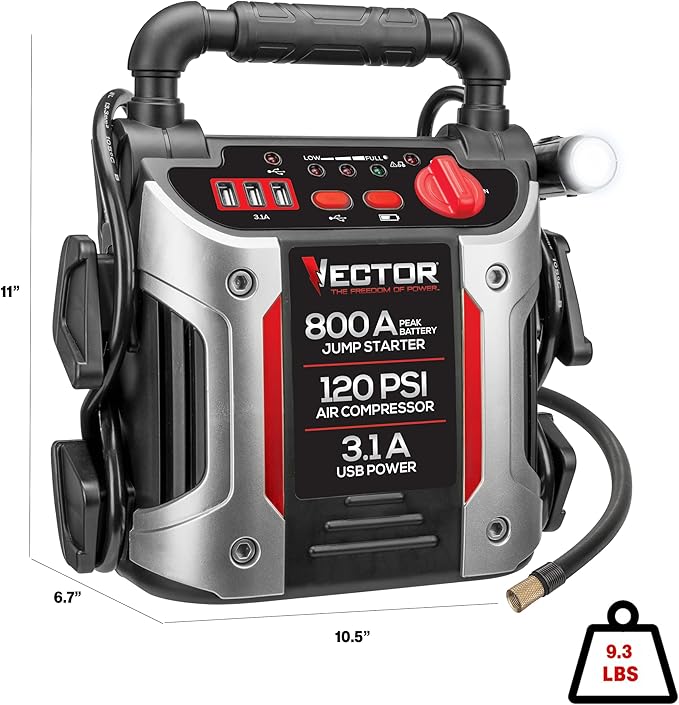 Vector J7CV 800 Peak Amp Automotive Jump Starter, Portable Power - Triple 15W USB Ports, 120 PSI Air Compressor