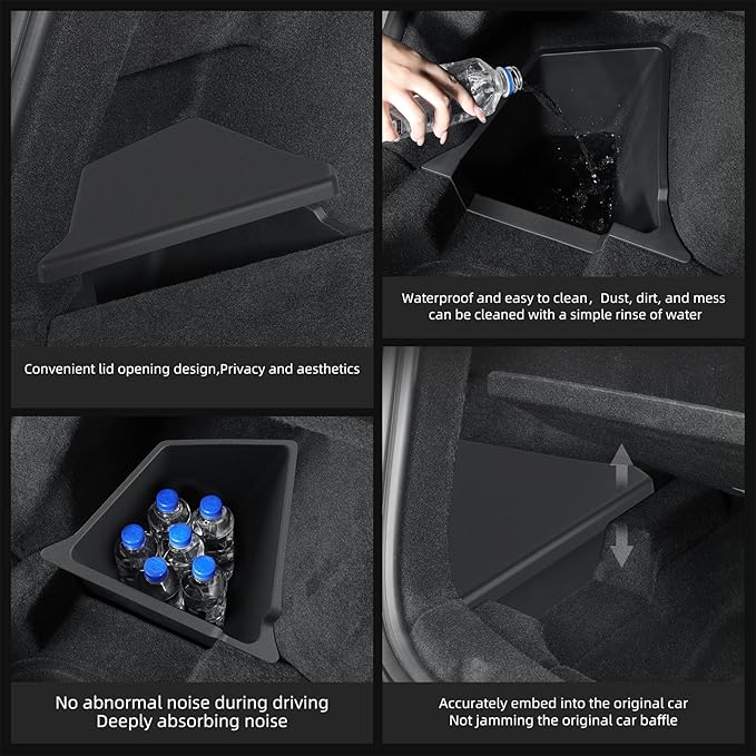 LUCKEASY Rear Trunk Storage Bins Fit for Tesla Model Y Juniper 2025 2026 Trunk Side Storage Box with Lids Rear Cargo Garbage Bins for Model Y Juniper 2026 Accessories Black TPE