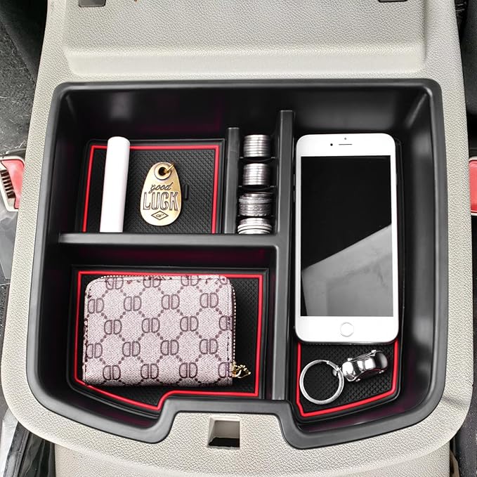HGWEI Center Console Organizer Compatible with 2007-2014 Chevy Silverado GMC Sierra Avalanche Tahoe Suburban Yukon Yukon XL Accessories, Floor Mounted Center Console ONLY,Red Trim