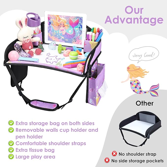Kids Travel Tray for Car Airplane - Toddler Car Seat Table Tray, Road Trip Essentials for Boys & Girls, Carseat Lap Desk for Kids Road Trip Activities (Purple Mermaid)