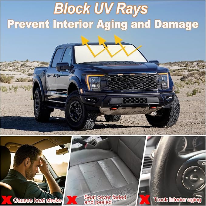 PIMCAR Windshield Sun Shade for Ford F150 2021-2026, Premium 310T Reflective UV Protection, Lightweight Foldable Sun Visor with Storage Pouch
