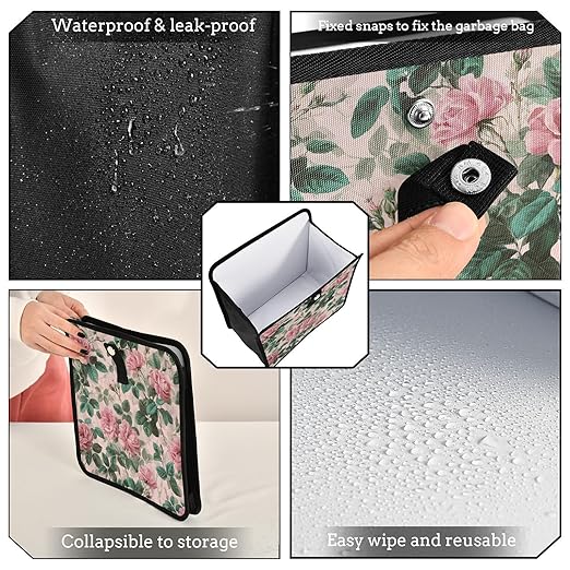Car Trash Can Organizer Bin with Adjustable Strap for Back Front Seat Console Waterproof Leakproof Collapsible Portable 11 Inch Pink Vintage Roses with Leaves
