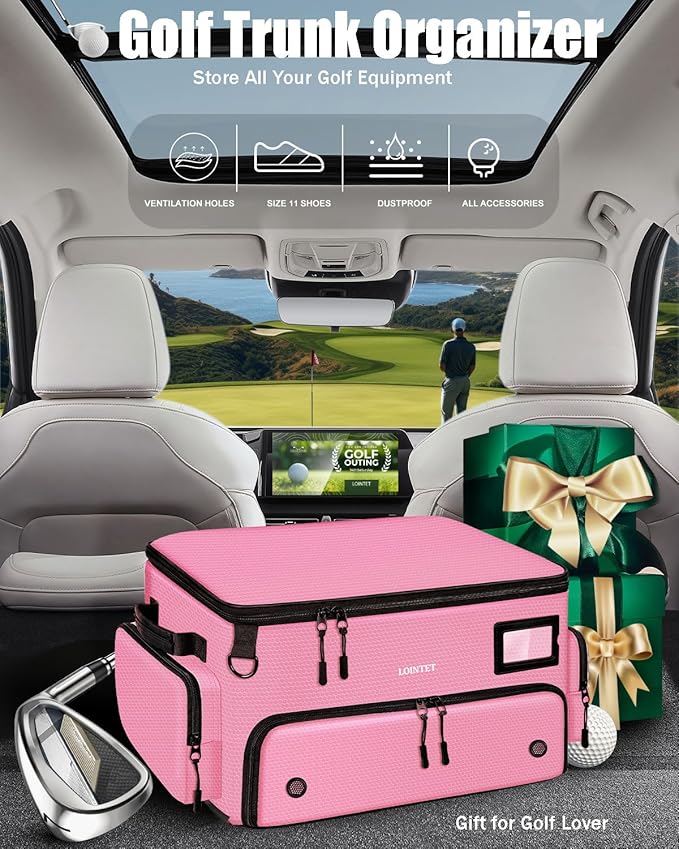 Golf Trunk Organizer, Waterproof Car Golf Locker with Separate Ventilated Compartment for 2 Pair Shoes, Golf Storage for Balls, Tees, Cap, Clothes, Gloves, Accessories, Gifts for Men, Women