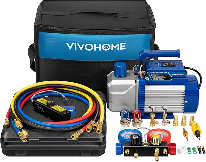 VIVOHOME 110V 1/3 HP 5CFM Single Stage A/C Vacuum Pump and 4 Way AC Manifold Gauge Set Kit with Leak Detector 5ft Hoses for R134a R12 R22 R502 R410a HVAC Air Conditioning Refrigeration Recharging