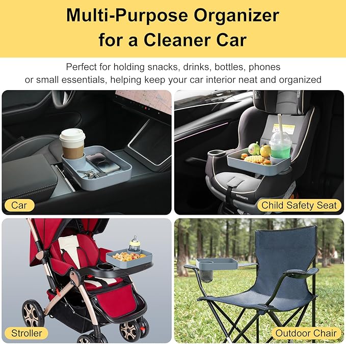 Kids Car Travel Tray Square for Kids Car Seat Snacks Trays, Car Seat Tray with Cup Holders for Toddler, Stroller, Tesla Travel Must Have (2Pcs gray)