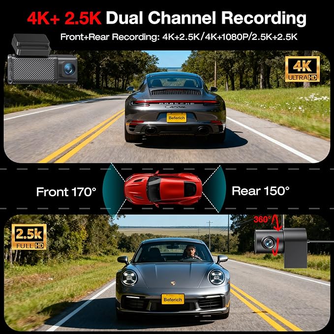 4K+2.5K Dash Cam Front and Rear, GPS&5.8G WiFi, Free 64GB Card Included, Dash Camera for Cars, 2-Channel Car Camera, 3.16'' IPS Screen, G-Sensor, 24H Parking Monitor, Max 256GB