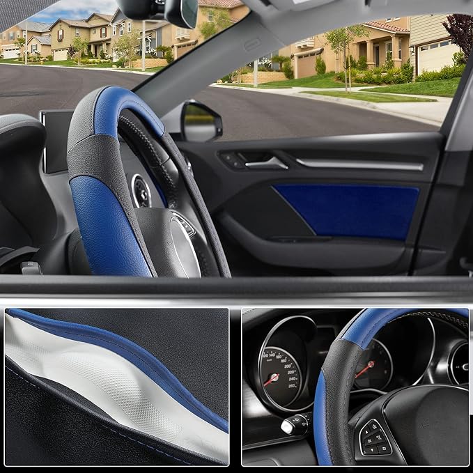 SEG Direct Car Steering Wheel Cover for Prius Civic Model 3 Model Y Camaro, Small Size 14-14.25 inch, Black and Blue Microfiber Leather