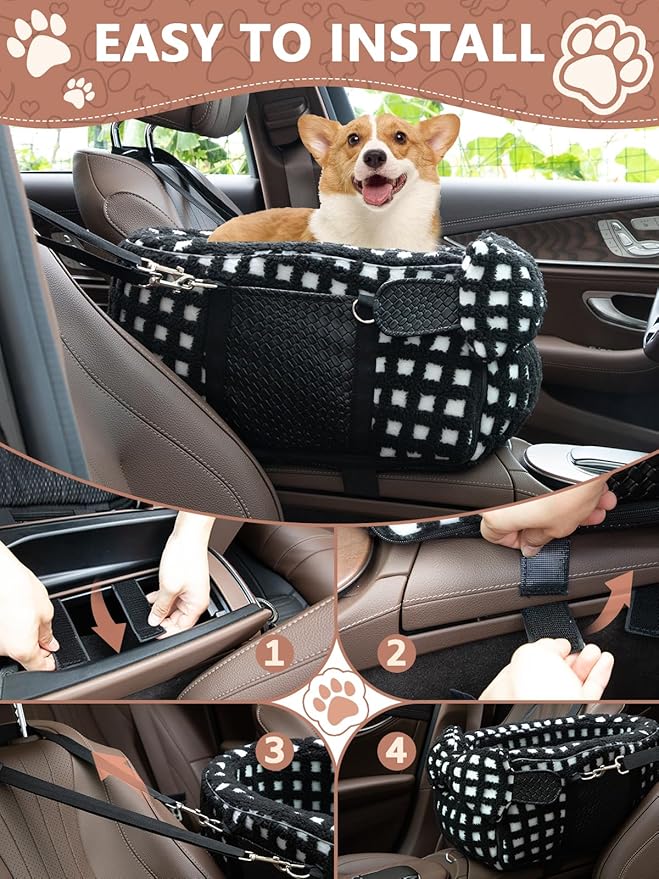 Prpeko Portable Dog & Cat Car Seat - Under 13 lbs, With Cozy Bow Neck Pillow (Grid-Black)