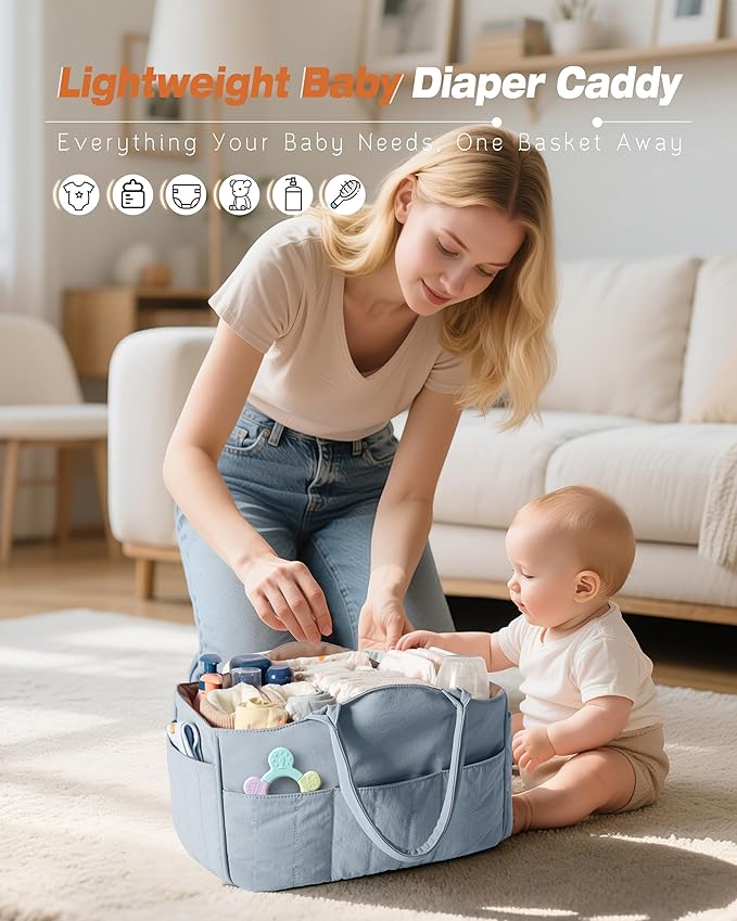 Quilted Baby Diaper Caddy with Detachable Dividers and Wipes Pocket, Lightweight Baby Caddy Organizer with Handles and 8 Pockets for Baby Stuff, Dusty Blue