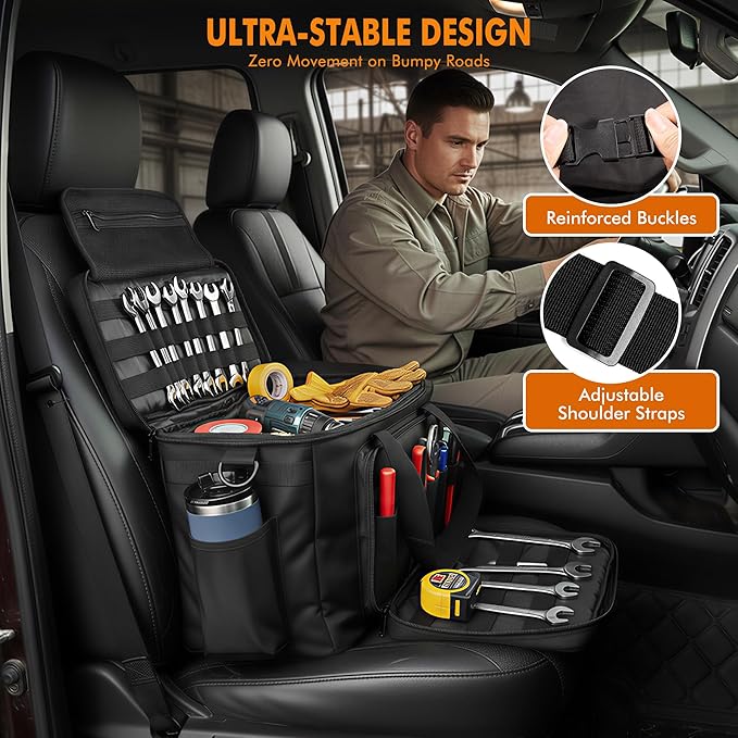 Car Front Seat Organizer, Truck Front Seat Organizer for Storage, Front & Passenger Organizer Bag with Multiple Pockets,Water-Resistant 600D Oxford Fabric,Adjustable Strap,Truck Driver Gifts for Men