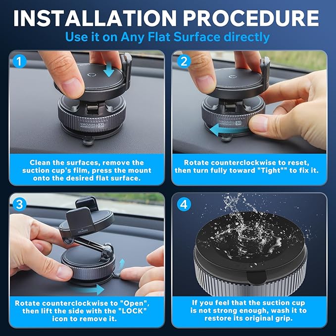 Upgraded 360° Nano Gel Vacuum Phone Holder for Dashboard Reinforced Suction Cup (Ultra-Strong Suction), Cell Phone Holders for Your Car/Gym/Mirror Car Phone Mount for iPhone & Android Phones