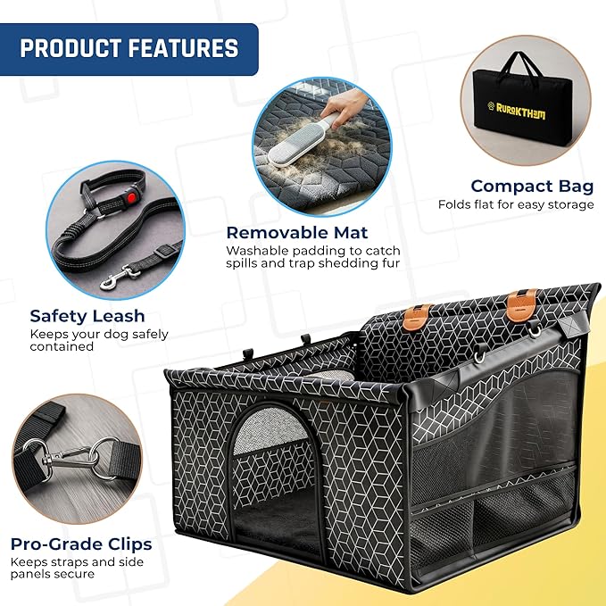 Dog Car Seat for Large Medium Dogs | Waterproof Dog Seat Cover for Back Seat with Hard Bottom | Alloy Twist-Lock Rods | 3 Mesh Windows | Removable Fleece Mat | Cars, SUVs, Trucks