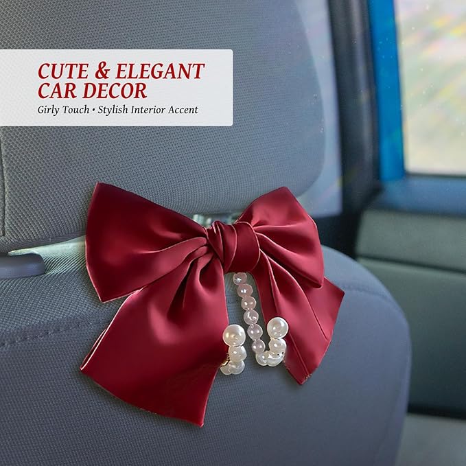 2 PCS Bow Pearl Car Seat Headrest Hook – Cute Purse Hook for Car, Girly Interior Decoration Accessories Hook Hanger, Seatback Holder for Purses & Bags, Elegant Car Organizer (Red)