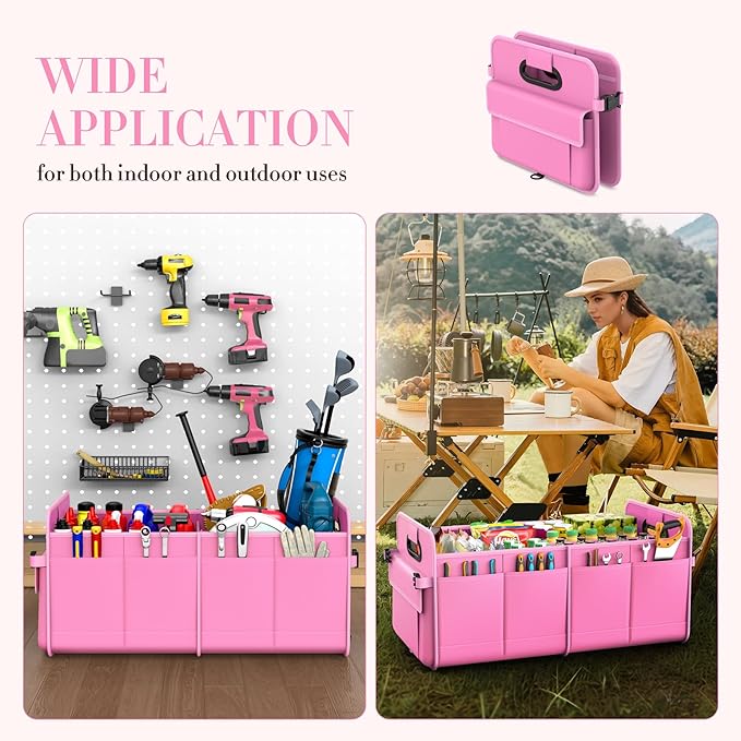 Trunk Organizer For Suv & Sedan,Car Organizers and Storage, Waterproof Collapsible & Adjustable Straps,70L Sturdy Car Organization for Car Accessories, Tools,Sundries,2-3 Compartment（Pink