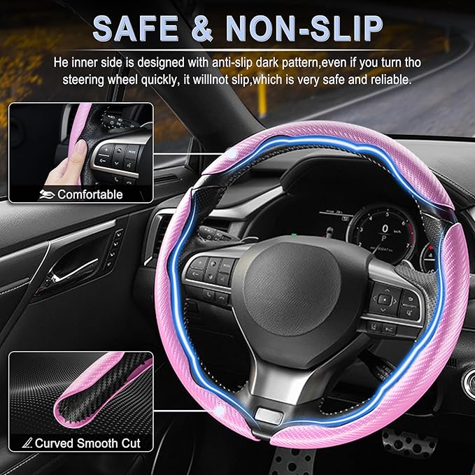 Amiss 3pcs Carbon Fiber Anti-Skid Steering Wheel Cover, Waterproof & Segmented Butterfly Design, Universal 99% Vehicle Wheel Cover Protector, Car Interior Accessories (Pink-3pcs)