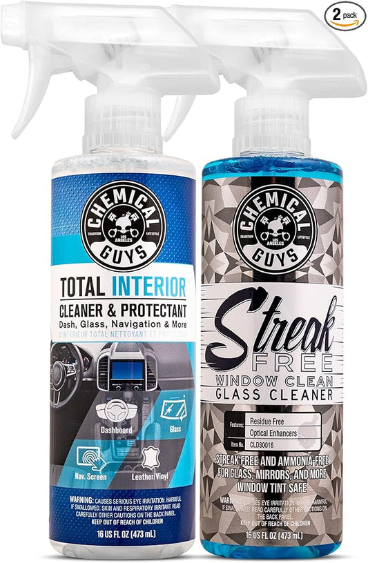 Chemical Guys Total Interior Cleaner and Protectant + Streak Free Glass & Window Cleaner, (Ammonia Free & Safe on Tinted Windows, Safe for Cars, Trucks, SUVs, Jeeps, RVs & More, (2-16 fl oz)