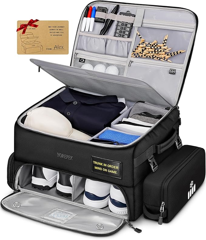 YOREPEK Upgraded Golf Trunk Organizer, Golf Gifts for Men, with Removable Insulated Pouch&Dust-Proof Protective Layer, Multi-Compartment fits 2 Pairs of Shoes, Golf Accessories
