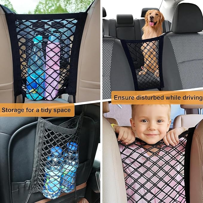 Dog Car Net Barrier Pet Barrier,Barrier of Back Seat Pet Kids,Cargo Tissue Purse Holder, Baby Stretchable Storage Bag Universal for Cars, SUVs, Vans Traveling (2-Layer)