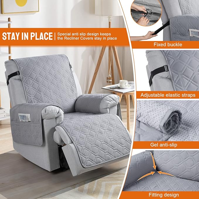 VANSOFY 100% Waterproof Recliner Chair Covers, Recliner Cover Non-Slip Dog Chair Cover Furniture Protector Washable Slipcover with Pocket, Elastic Straps for Pets, Dogs(Light Gray, 20")