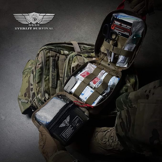 EVERLIT Advanced Trauma Kit, CAT GEN-7 Tourniquet, TCCC Compliant, Mil-Spec Nylon Laser Cut Pouch with 36" Splint, Military Combat Tactical IFAK for Emergency Bleeding Control