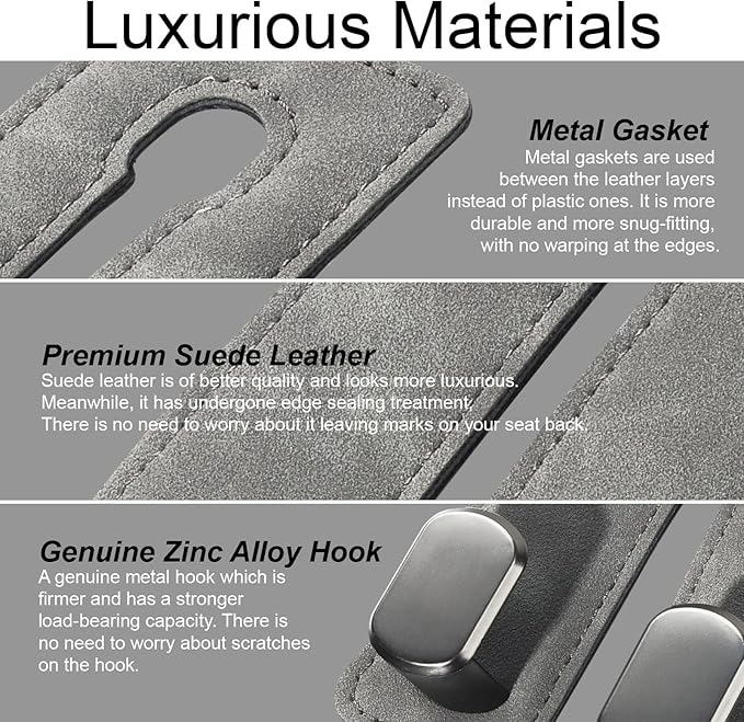 Car Seat Hooks for Headrest, Car Purse Hook & Back Storage Hook, Zinc Alloy & Suede Material Heavy Duty Car Hooks for Purses and Bags,Universal Fit for Most Vehicles ((Grey-2 Pack)