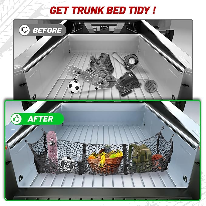 RED WOLF 3 Pocket Cargo Mesh Net for 2024-2025 Tesla Cybertruck Trunk Organizer Netting Rear Bucket Storage Net with L-Track Round Ring D-Carabiner Mounting Hook