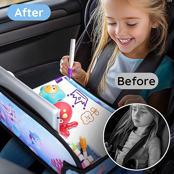 Kids Travel Tray, Kids Travel Trays for Car Seat, Road Trip Essentials for Toddler, Carseat Lap Tray with Dry Erase Board & Storage Organizer for Road Trip Activities for Kid, Bluish Violet