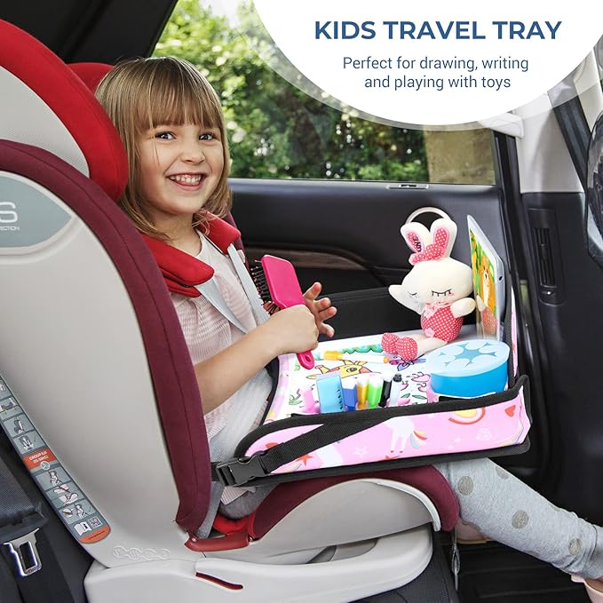 COOLBEBE Kids Travel Tray for Toddler Car Seat, Travel Tray for Airplane, Toddler Car Seat Lap Tray, Carseat Table Tray for Kids (Pink Unicorn, 2Pack)