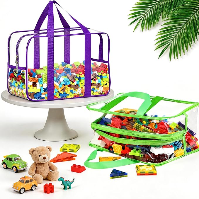 6 Color XXL Toy Storage Bags 16.5×11.8×6.8In with Labels, Large Capacity Reusable Clear PVC Storage Bags, Travel Waterproof Organizer Bags with Double Zipper