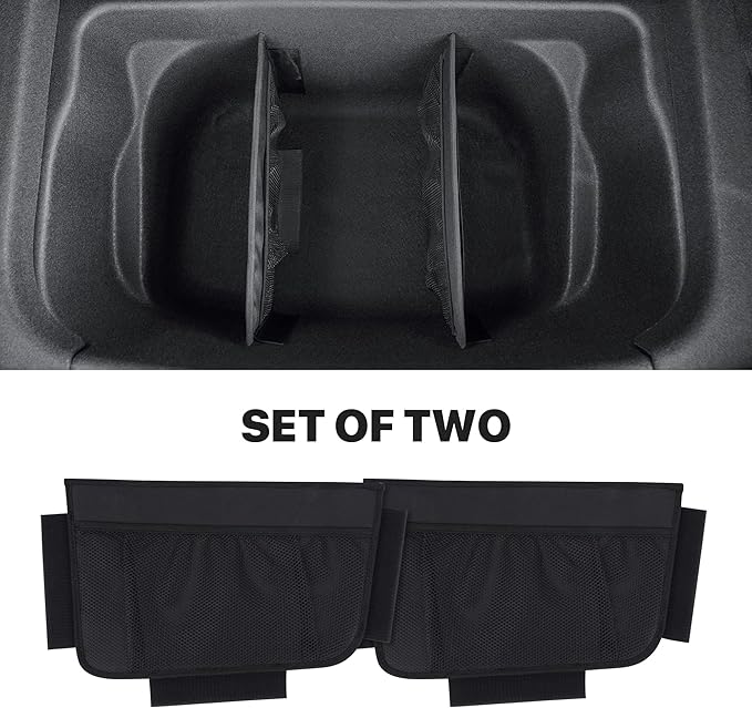 KMMOTORS Sub Trunk Divider of under-floor Compatible for Model Y, Model 3 (2017-2023) – Hidden Trunk Organizer – Dividers with Mesh Pockets for Storage Separation (Set of 2)
