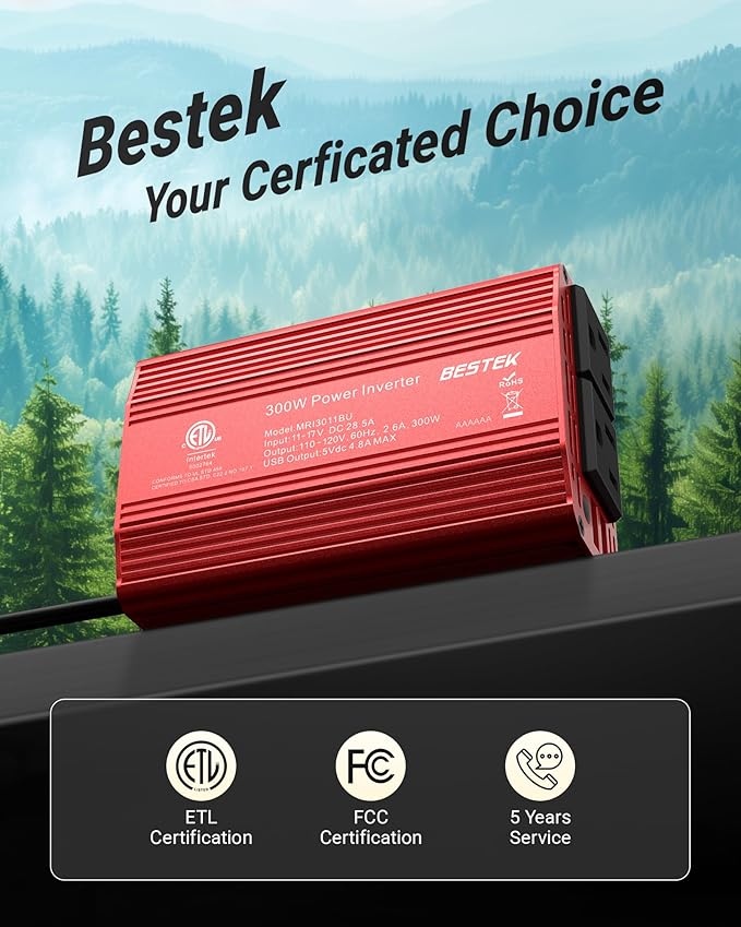 BESTEK Power Inverter DC 12V to AC 110V - 300W Car Plug Adapter Outlet with 4.8A Dual USB Fast Charging Port - Car Charger Cigarette Lighter Adapter for Phone, Laptop on Road Trip - Aluminum Housing