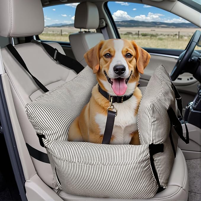 Dog Car Seats for Small/Medium Dogs Under 40 lbs - Elevated Pet Seat with Safety Belt, Non-Slip Base, and Storage Pockets for Car Travel,Brown