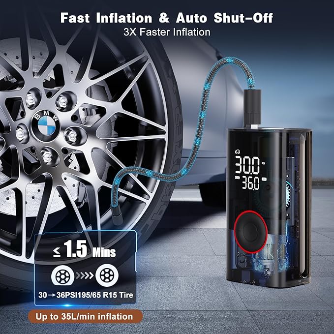 Tire Inflator Portable Air Compressor - Portable Cordless Mini Air Pump with Digital Pressure Gauge, 150PSI 3X Fast Inflation and Auto Shutoff Function Tires Pump for Cars