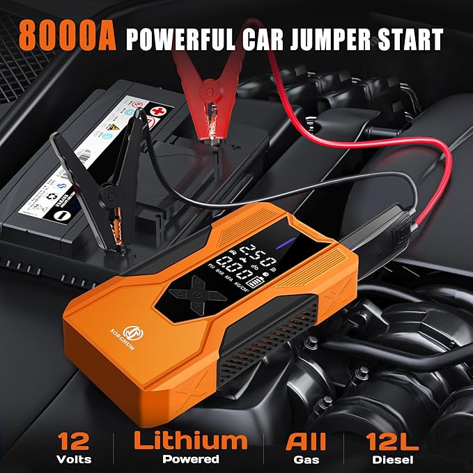 Sorghum Battery Jumper Starter Portable - 8000A Car Battery Jump Starter with Air Compressor, 150PSI Jump Box with Tire Inflator, Car Battery Booster Jump Pack for All Gas/12L Diesel