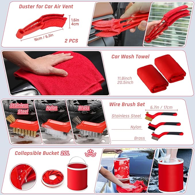 Fortuning's JDS 39PCS Car Wash Cleaning Kit, Auto Detailing Kit, Car Detailing Kit Interior Cleaner, Car Wash Kit with Bucket Detailing Brush Set Car Accessories for Motorcycle, Cars, Bikes, Wheels