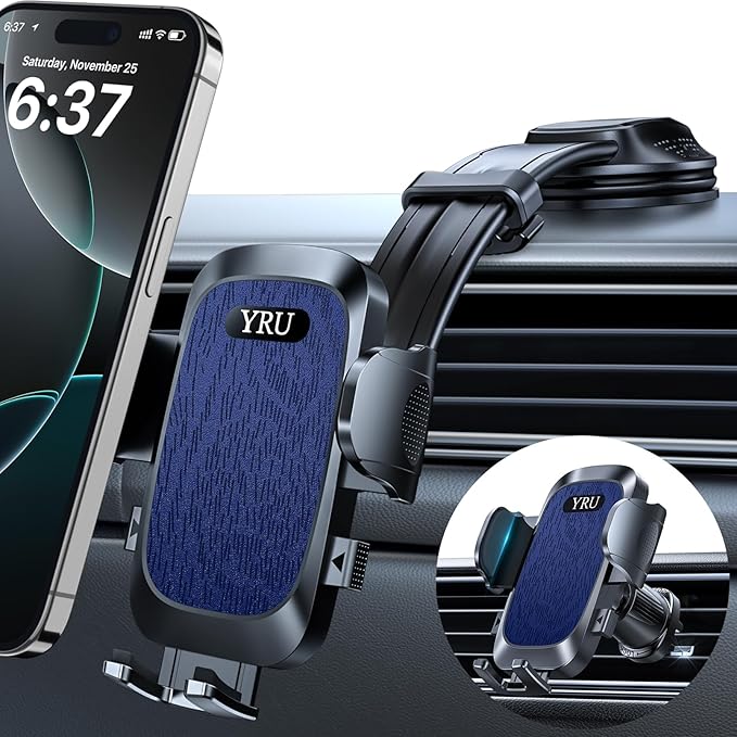 YRU [2026 Ultimate Car Phone Holder Mount [Bendable & Adjustable Aluminum Arm] Cell Phone Holder for Car Dashboard Windshield Phone Stand for iPhone 17 16 15 14 Pro Max Samsung Pickup Truck, Dark Blue